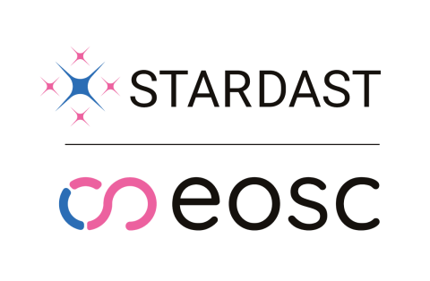 On the top a logos with stars and the text STARDAST on the bottom an infinity symbol and the text EOSC