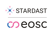 On the top a logos with stars and the text STARDAST on the bottom an infinity symbol and the text EOSC