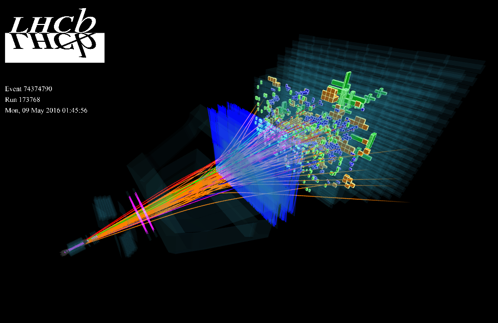 An image showing particle tracks in the LHCb detector